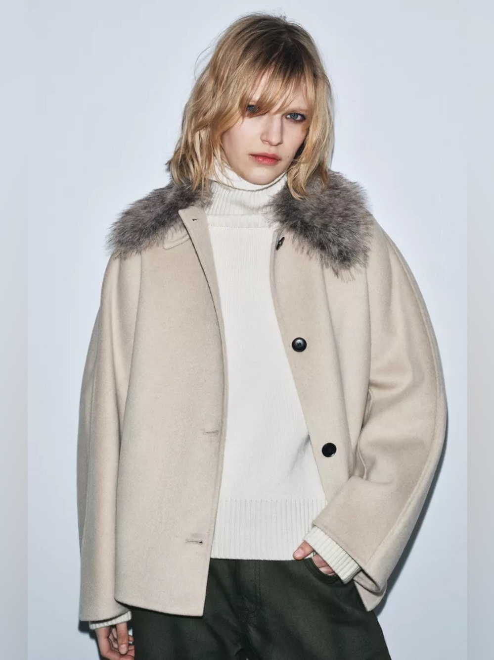ZARA WOOL BLEND JACKET WITH FAUX FUR COLLAR